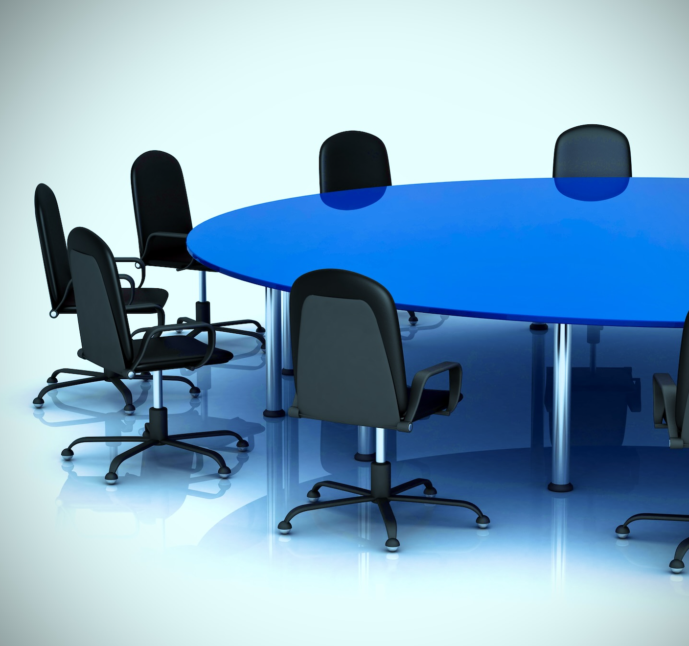 A photo of a bright blue oblong boardroom table surrounded by chairs