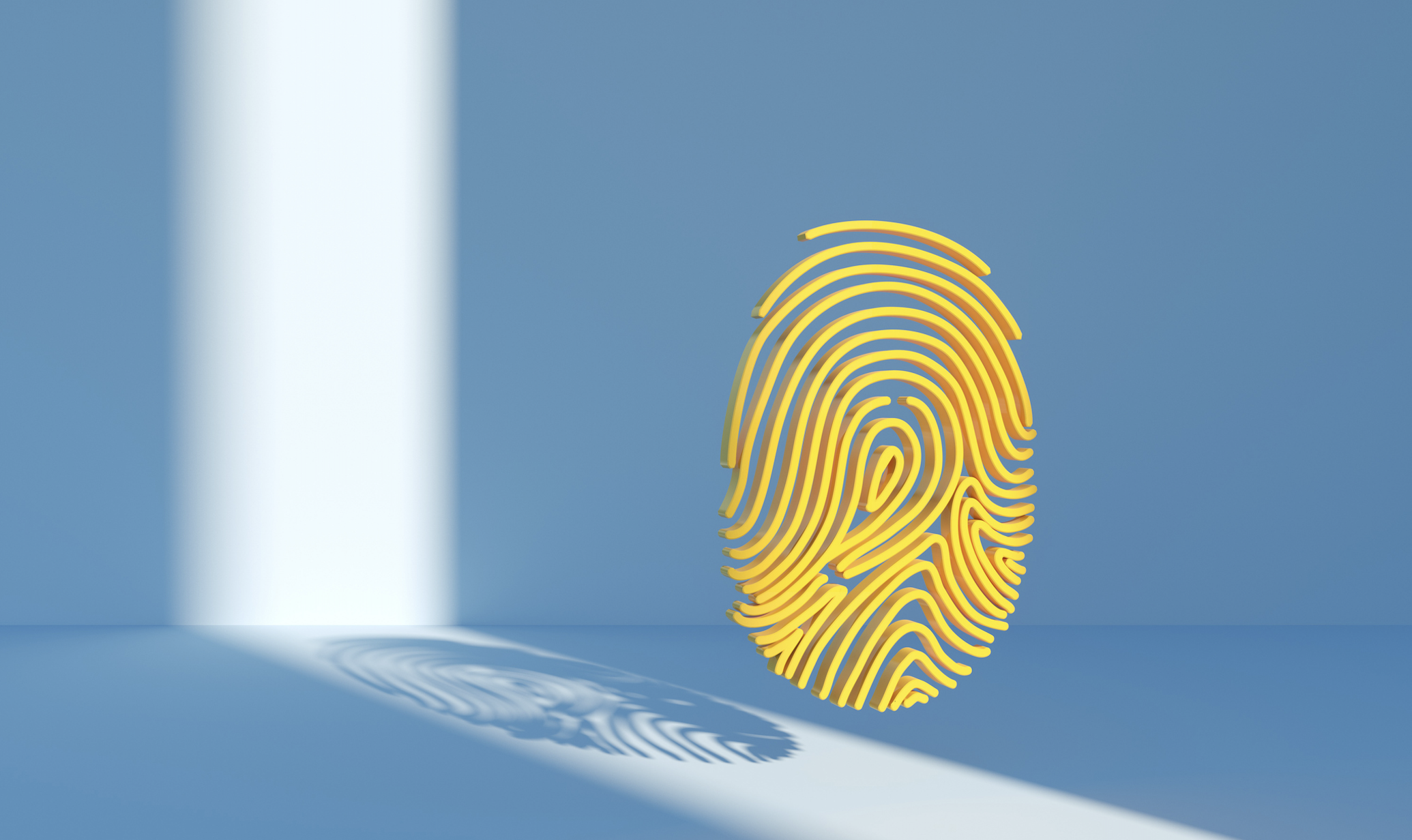 A bright yellow fingerprint floats in a room with blue shadows