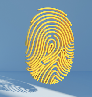 A bright yellow fingerprint floats in a room with blue shadows.